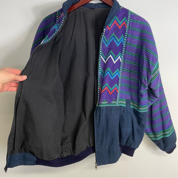 Vintage Multicolor Unisex Guatemalan Purple, Blue, and Green Bomber Style Jacket - Picture 3 of 16